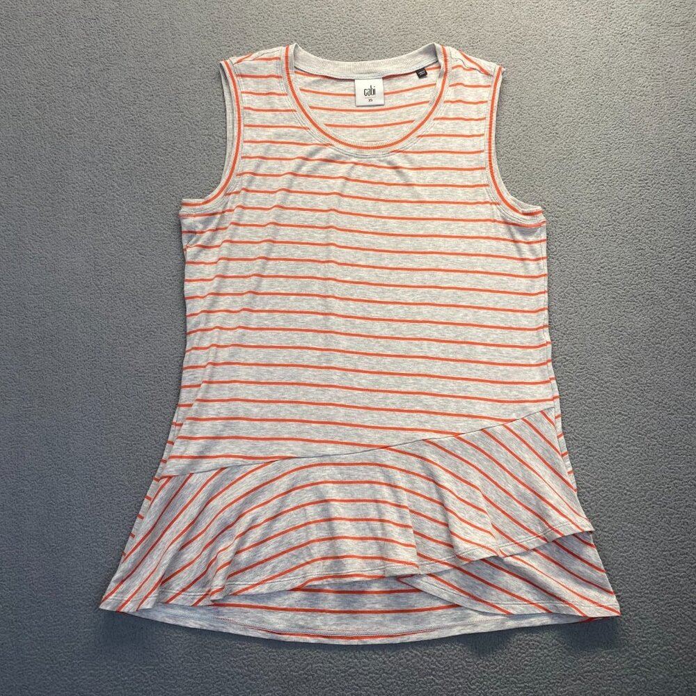 CAbi Womens Heather Gray Orange Stripe Ruffle Tank Top- 5331-Size XS,Lighweight